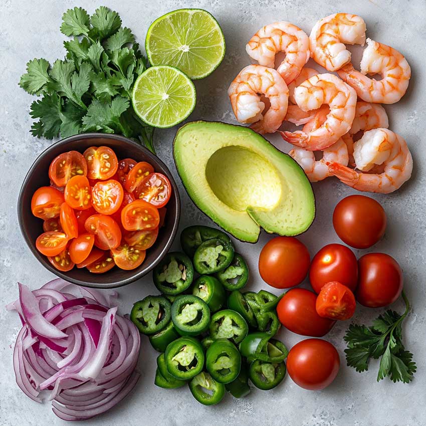 Shrimp Avocado Salad 2 Fresh ingredients for shrimp avocado salad: jumbo shrimp, ripe Hass avocado, lime wedges, red onion, jalapeño, tomatoes, and cilantro arranged on marble countertop