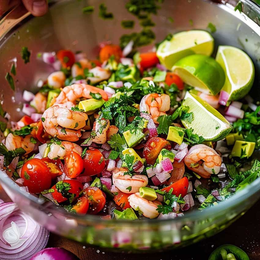 Shrimp Avocado Salad 3 Chef's hands mixing fresh shrimp, avocado, tomatoes and lime juice to make healthy keto shrimp avocado salad in a bowl